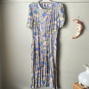 Vintage ED Michaels rayon floral printed drop waist midi dress with button back
